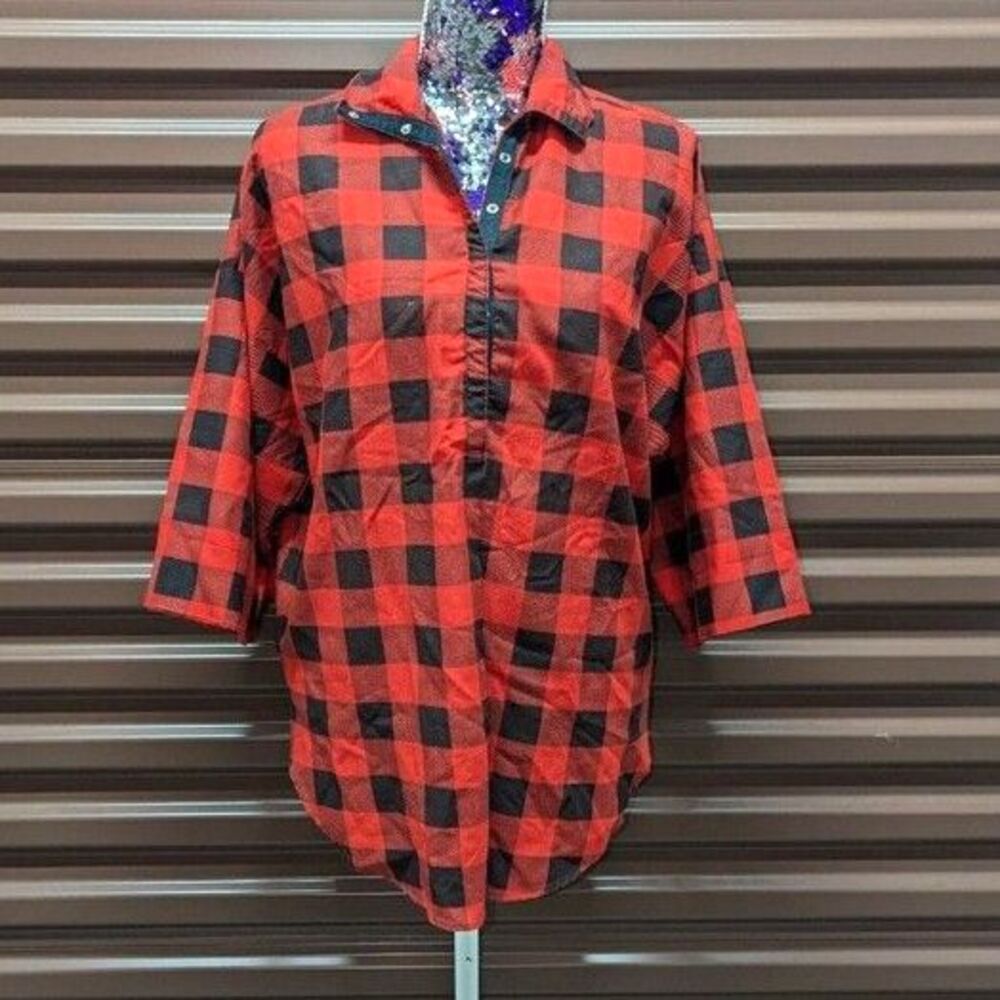Vintage Ardmore Grunge 90s Y2K Red Black Plaid 1/2 Button Tunic Blouse‎ - Size L